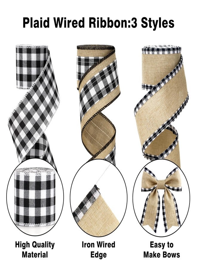 كينجلاك شريط كينجليك بنقشة مربعات الجاموس، سلكي - 3 لفات 2.5 بوصة × 18 ياردة، شرائط خيش بنقشة مربعات سوداء وبيضاء للأعمال اليدوية، وتغليف هدايا عيد الميلاد، والأكاليل، والزينة - Image 3